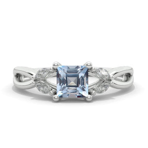 Princess Cut Genuine Aquamarine Twisted Shank Engagement Ring