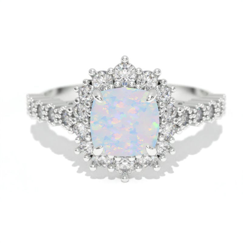 14K White Gold 1.2 Carat Cushion Genuine Natural White Opal Halo Engagement Ring