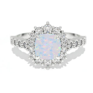 14K White Gold 1.2 Carat Cushion Genuine Natural White Opal Halo Engagement Ring