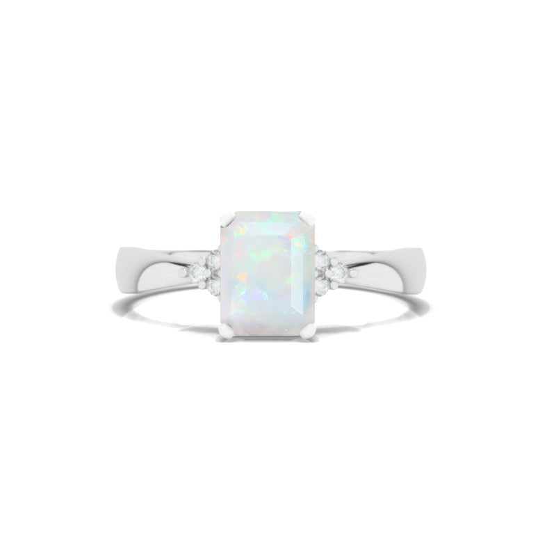 3.5 Carat Genuine Natural White Opal Emerald Cut Engagement Gold Ring.