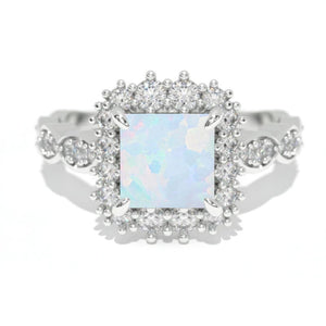14K White Gold 1.5 Carat Princess Genuine Natural White Opal Halo Engagement Ring