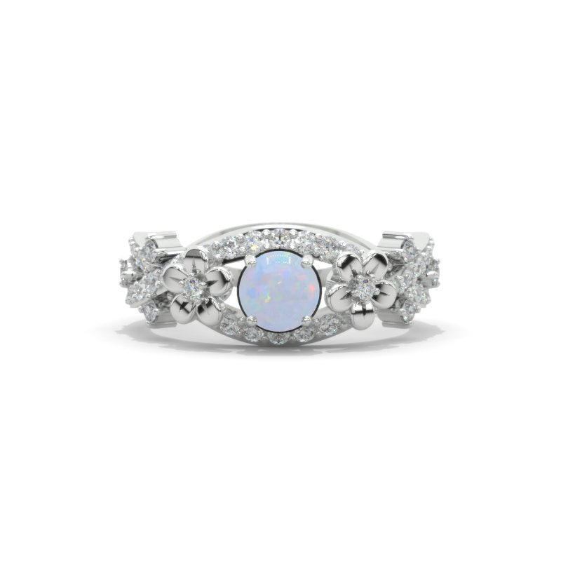 Genuine Natural White Opal Celtic Engagement Floral Ring 14K White Gold