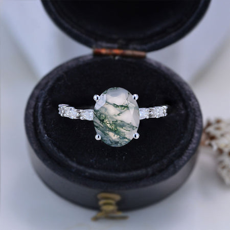 3 Carat Oval Shaped Genuine Moss Agate White Gold Engagement Ring