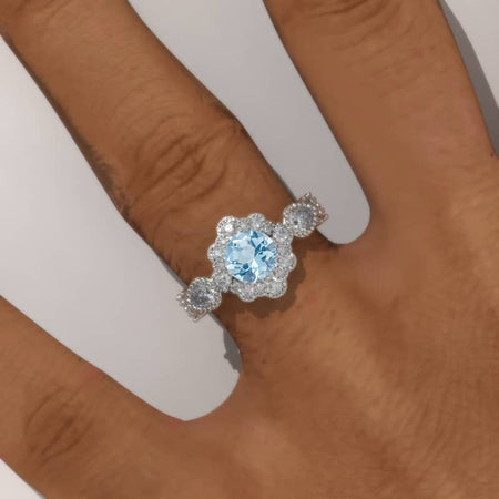 14K White Gold 1 Carat Round Genuine Aquamarine Halo Engagement Ring