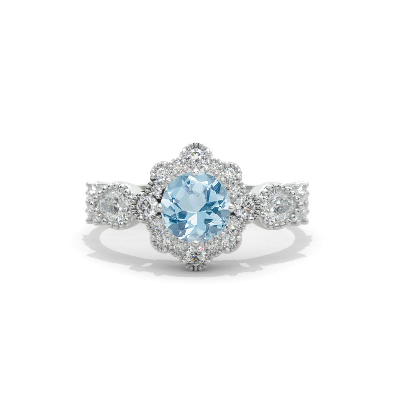 14K White Gold 1 Carat Round Genuine Aquamarine Halo Engagement Ring