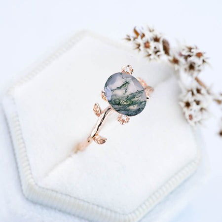 14K Rose Gold Dainty Genuine Moss Agate Leaf Ring