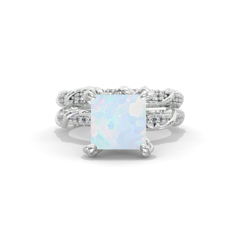 2 Carat Princess Cut Genuine Natural White Opal White Gold Floral Engagement Ring Set
