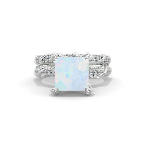 2 Carat Princess Cut Genuine Natural White Opal White Gold Floral Engagement Ring Set