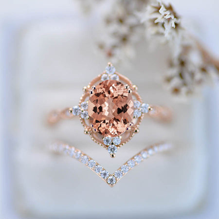 14K Rose Gold Ring 2CT Oval Vintage Wedding Ring, Oval Morganite Halo Engagement Ring Set