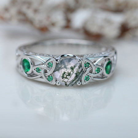 Ring Genuine Moss Agate Celtic Engagement Ring 14K White Gold