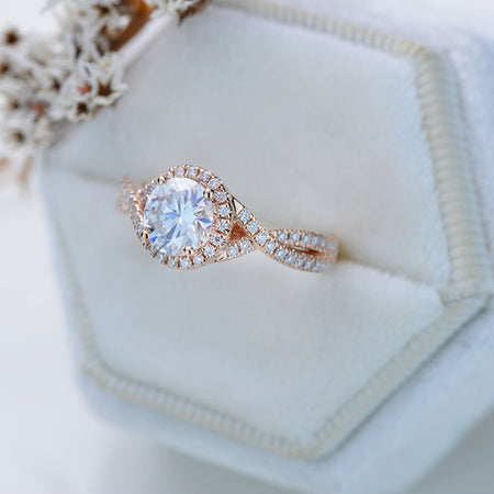 Knot Halo Moissanite Engagement Ring. Classic lace Victorian 14K White Gold Ring