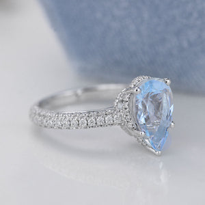 3 Carat Pear Cut Aquamarine Hidden Halo Gold Engagement Ring - Giliarto