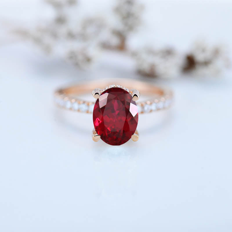 3 Carat Ruby Oval Cut Hidden Halo Rose Gold Engagement  Ring