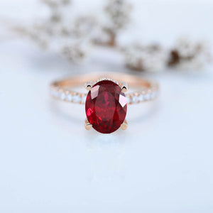 3 Carat Ruby Oval Cut Hidden Halo Rose Gold Engagement  Ring