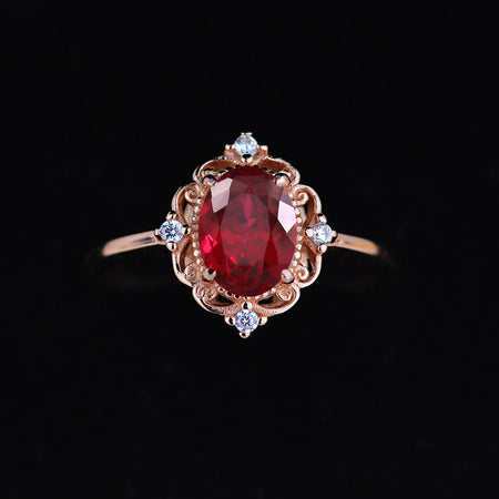 14K Solid Rose Gold Dainty Ruby Ring, 2ct Oval Cut Ruby Ring, Rose Gold Ring Unique Oval Halo Vintage Ring.