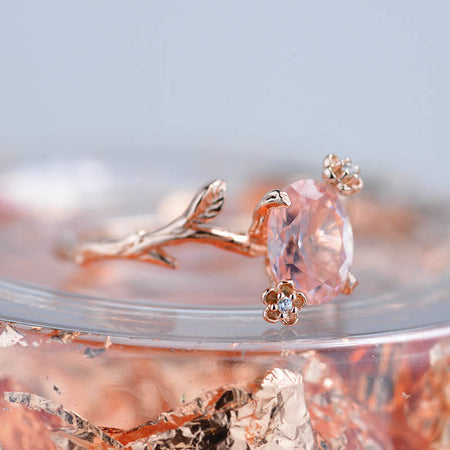 14K Rose Gold Dainty Natural Morganite  Leaf Ring, 2ct Oval Morganite Twig Ring, Rose Gold Ring Unique Curved Vintage Floral Ring