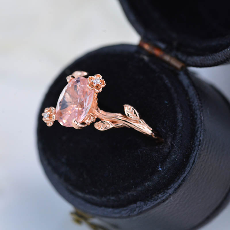 14K Rose Gold Dainty Natural Morganite Leaf Ring, 2ct Oval