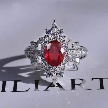 Giliarto 14K White Gold 2 Carat Oval Ruby Halo Engagement Ring