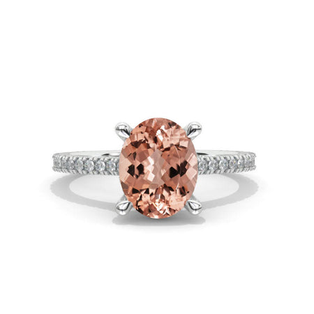 10 Carat Oval Cut 14x10mm Genuine Peach Morganite Hidden Halo White Gold Engagement Ring