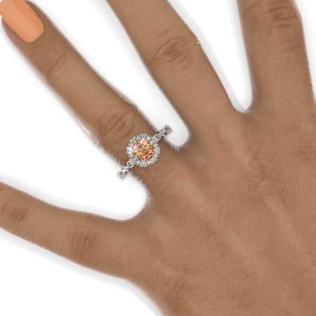 Genuine Peach Morganite Halo Engagement Ring. Classic lace Victorian 14K White Gold Ring