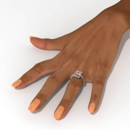 2 Carat Emerald Cut Genuine Peach Morganite Halo Gold Engagement Ring