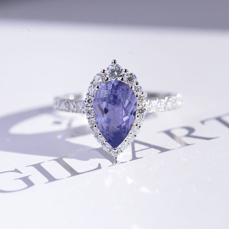 14K White Gold 3 Carat Lavender Sapphire Pear Cut Halo Moissanite Ring
