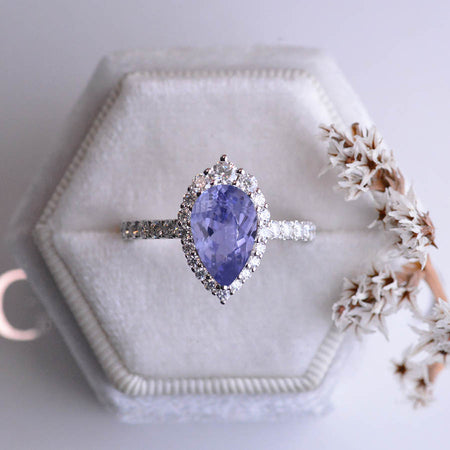 14K White Gold 3 Carat Lavender Sapphire Pear Cut Halo Moissanite Ring