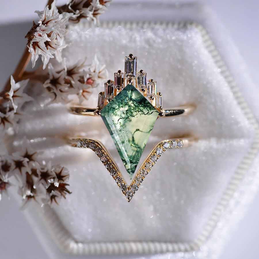 14K Gold 4 Carat Kite Genuine Moss Agate  Halo Engagement Ring, Eternity Ring Set