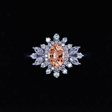 14K White Gold Oval Morganite Snowflake Halo Engagement Ring