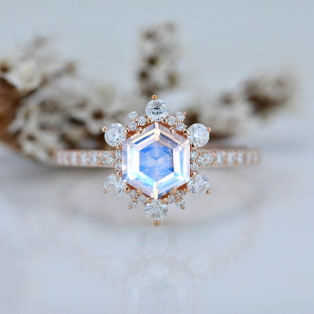 3 Carat Hexagonal Moonstone Snowflake Halo Engagement Ring. Victorian Rainbow 14K Rose Gold Ring