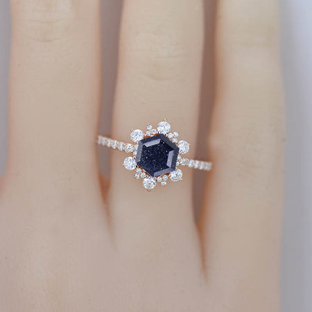 3 Carat Hexagon Sand Stone  Snowflake Halo Engagement Ring. Victorian 14K Rose Gold Ring