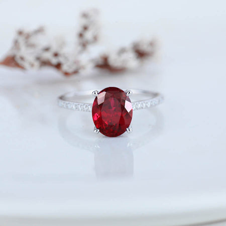 3 Carat Carat Oval Ruby Ring, Hidden Halo Gold Engagement Ring