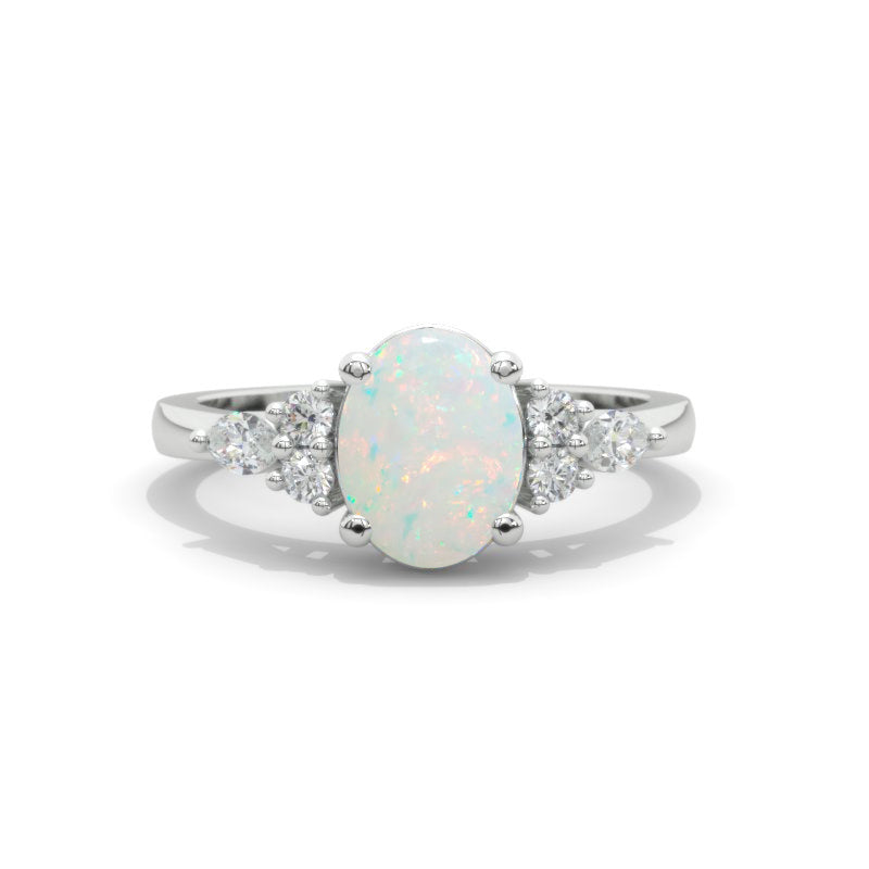 Oval Genuine Natural White Opal 14K White Gold Engagement Promissory Ring