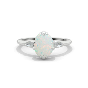 Oval Genuine Natural White Opal 14K White Gold Engagement Promissory Ring