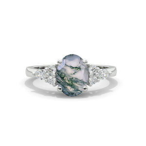 Oval Genuine Moss Agate 14K White Gold Engagement Promissory Ring