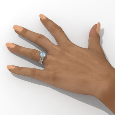 14K White Gold 1.5 Carat Oval Genuine Aquamarine Halo Engagement Ring Eternity Ring Set