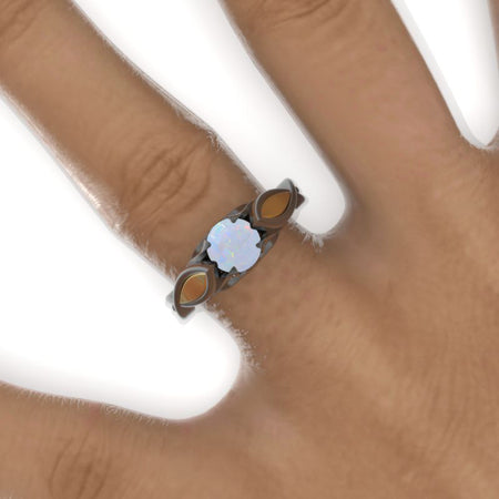 14K Black and Yellow Gold Genuine Natural White Opal Celtic White Opal Engagement Ring