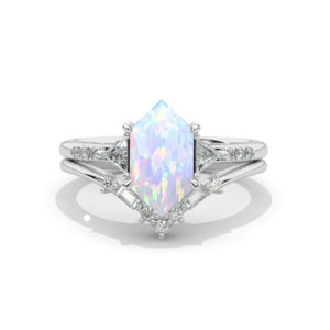 14K White Gold 3 Carat Hexagon Genuine Natural White Opal Halo Engagement Ring, Eternity Ring Set