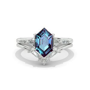 14K White Gold 3 Carat Hexagon Alexandrite Halo Engagement Ring, Eternity Ring Set