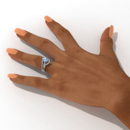14K White Gold 1.6 Carat Pear Genuine Aquamarine Halo Engagement Ring Eternity Ring Set