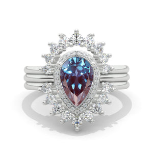 14K White Gold 1.5 Carat Pear Alexandrite Halo Engagement Ring Eternity Ring Set