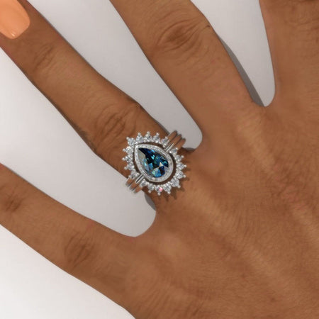 Teal Sapphire engagement ring gold, art deco Vintage 14K gold ring set