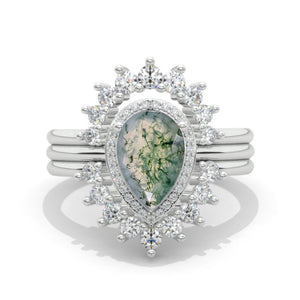 14K White Gold 1.5 Carat Pear Genuine Moss Agate  Halo Engagement Ring Eternity Ring Set