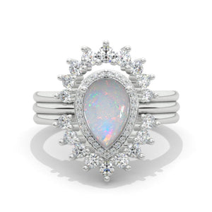 2 Carat Pear Genuine Natural White Opal Halo Engagement 14K White Gold Ring Eternity Ring Set
