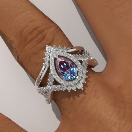 Pear shape Alexandrite engagement ring set, White gold, halo vintage moissanite band, Chevron ring, twisted band Vintage anniversary ring set