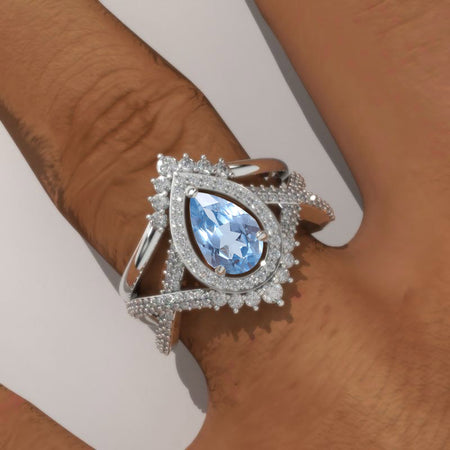 Pear shape Genuine Aquamarine engagement ring set, White gold, halo vintage moissanite band, Chevron ring, twisted band Vintage anniversary ring set