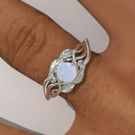 Genuine Natural White Opal White Gold Engagement Lattice Floral Accented Ring