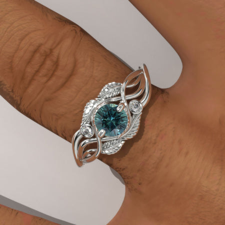 1 Carat Teal Sapphire White Gold Engagement Lattice Floral Accented Ring