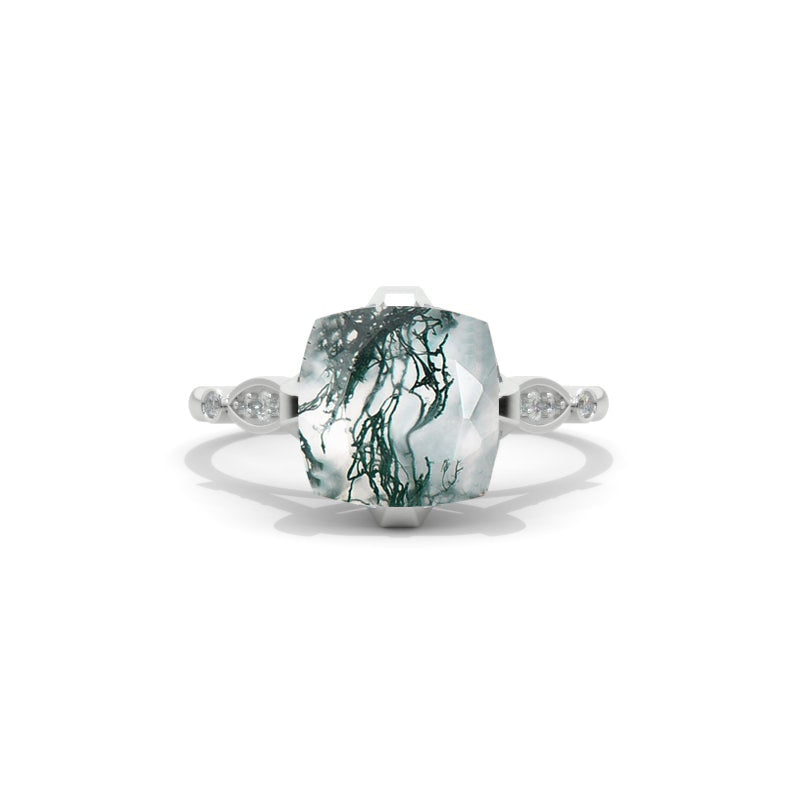 3 Carat Genuine Moss Agate Center Stone White Gold Ring
