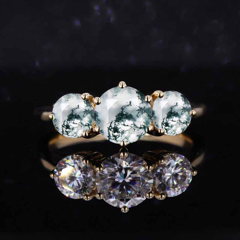14K Gold Classic Round Three Stone Genuine Moss Agate Ring, Luxury Engagement Ring. 4 CTW Carat Moss Agate Ring, Gift for Her